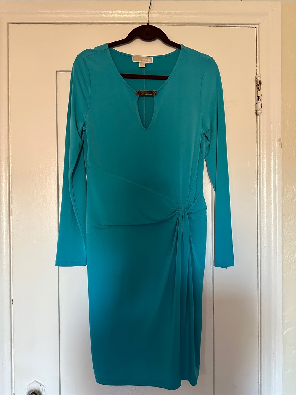Michael Kors Teal Long Sleeve Sheath Dress with Side Knot Size Medium